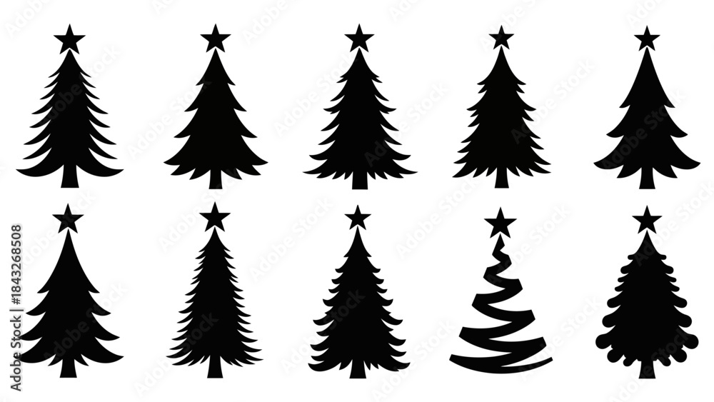 Obraz premium Diverse Set of Black Silhouette Christmas Trees with Stars, Vector Graphics
