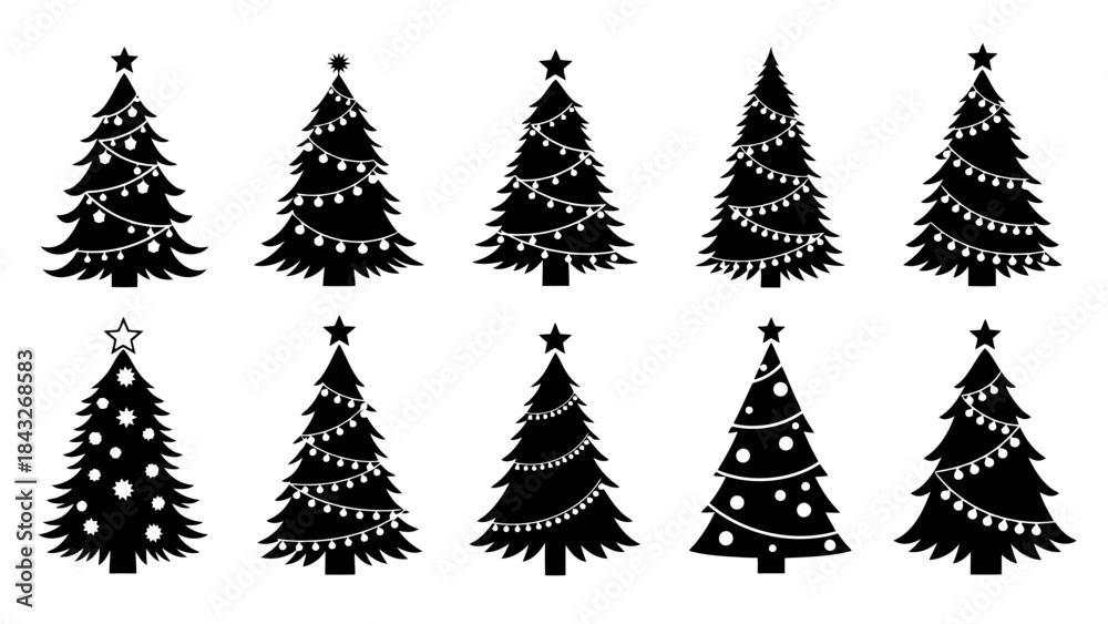 Obraz premium Set of Ten Black Silhouette Christmas Trees with Decorations and Stars