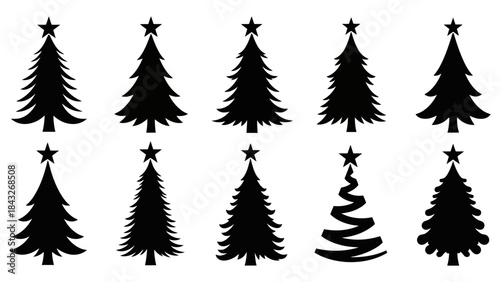 Diverse Set of Black Silhouette Christmas Trees with Stars, Vector Graphics