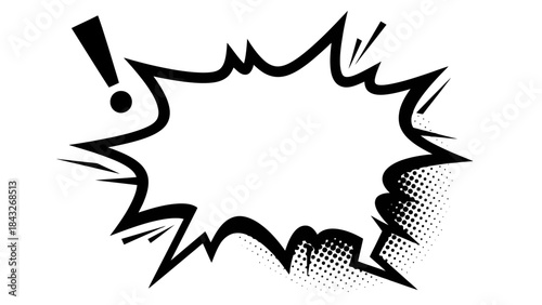 Retro Comic Book Explosion Speech Bubble with Exclamation Mark, Black and White