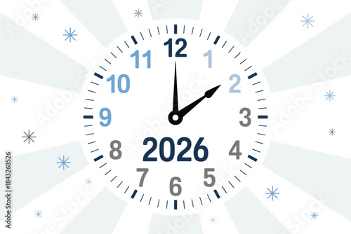 Clock with 2026 and snowflakes background time year