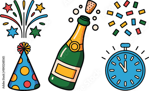 Colorful celebration with champagne bottle party hat stopwatch and fireworks