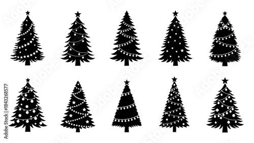 Collection of Ten Silhouette Christmas Trees with Festive Lights and Stars