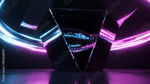 Abstract geometric shape with glowing neon lights swirling around it