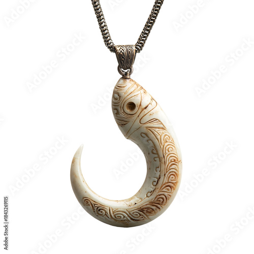 Front view of a Maori carved fishhook bone necklace floating in the air, studio shot, isolated on a white transparent background