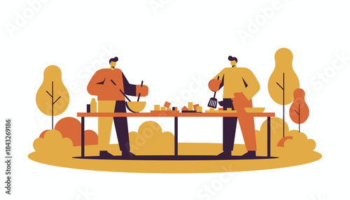 People Preparing Healthy Food Outdoors Flat Illustration