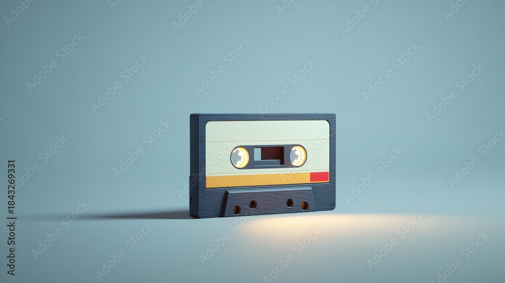 Fototapeta premium Glowing retro cassette tape on plain surface still life minimalist soft lighting nostalgia