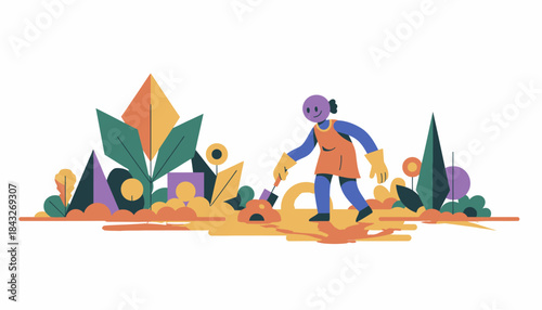 Joyful Character Gardening in a Vibrant Abstract Landscape