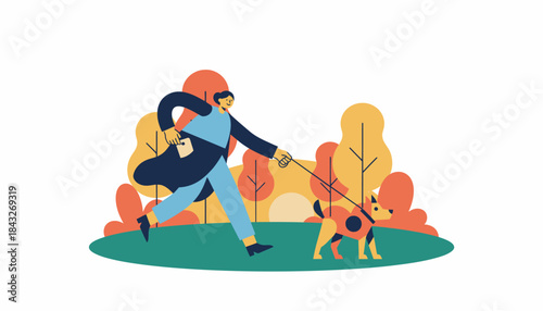 Happy Person Walking Dog in Stylized Park Illustration