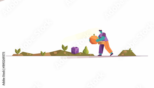 Person Harvesting Fresh Pumpkin from Organic Garden Illustration