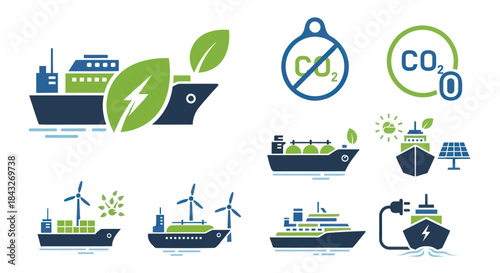 Eco-Friendly Shipping Vessels with Renewable Energy Icons.