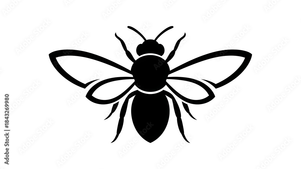Obraz premium Stylized Black Silhouette of a Bee Insect with Wings Spread Wide.