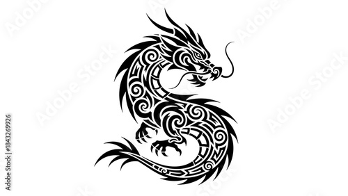 Tribal Dragon Tattoo Design Illustration Black and White.