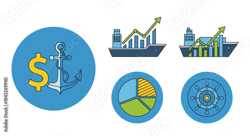 Financial Growth and Investment Icons: Anchor Charts Pie Chart Compass.