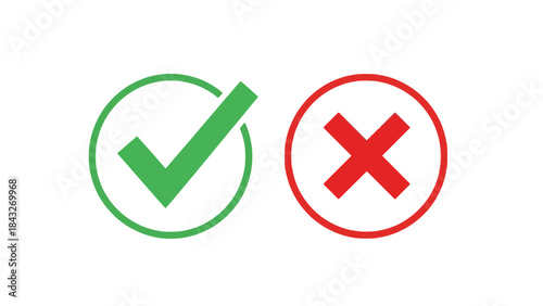 Green Check Mark and Red Cross Icons Inside Circles, Isolated on White Background