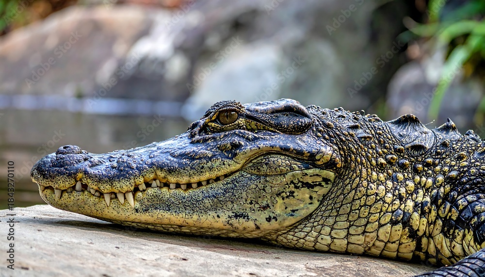 Obraz premium A close-up view of a crocodile resting on a rock near water
