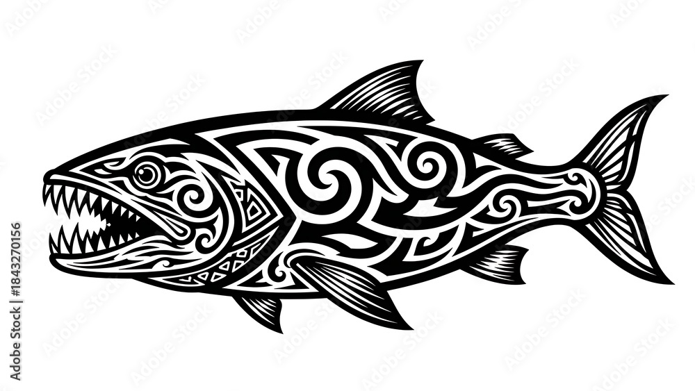 Fototapeta premium Tribal Tattoo Style Fierce Fish Illustration.