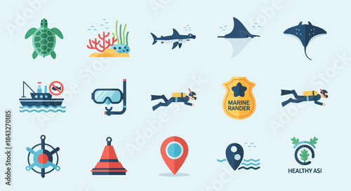 Flat Design Collection of Marine Animals and Icons.