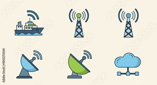 A colorful set of six communication and technology icons including a ship radio towers satellite dishes and a cloud network.