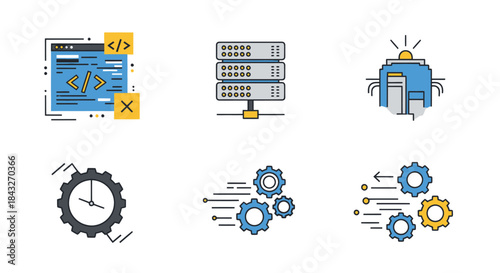 Set of Six Technology and Data Related Icons with Coding Servers and Automation.