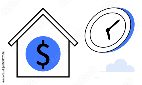 Real estate investments, savings, finance management, time value, property appreciation, smart planning. House with a dollar sign, clock and cloud graphic. Real estate and finance management