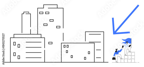 Urban development, business goals, career aspirations, personal success, achievement, progress. A cityscape with a large arrow pointing to a person standing on steps. Business goals and career