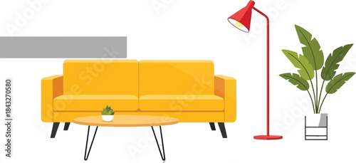 Modern living room interior with sofa lamp plant and table on transparent background