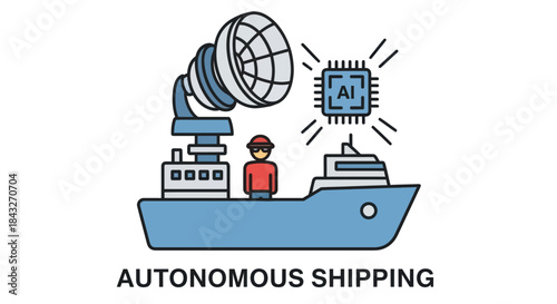 Autonomous Shipping Concept: A stylized blue cargo ship with AI and radar.