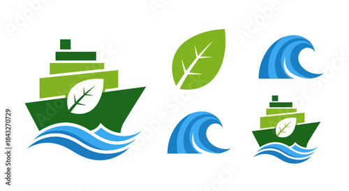 Green Ship with Leaf and Waves Logo Set for Eco-Friendly Transportation.
