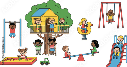 Children playing in playground with treehouse, swings, slide, sandbox, seesaw, and outdoor activities in colorful flat cartoon vector illustration style.