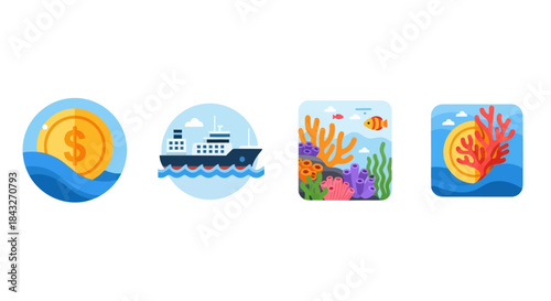 Colorful vector icon set featuring a cruise ship dollar coin and underwater coral reef scenes.