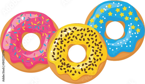 Three colorful donuts with unique toppings displayed together on transparent background
