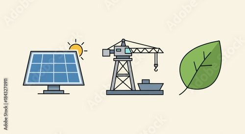 Solar Panel Crane and Leaf Icons Representing Energy and Environment.