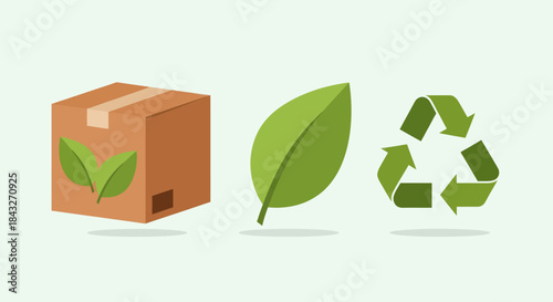 Sustainable Packaging Box Natural Leaf and Green Recycling Icon.