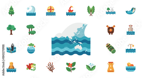 Stylized Ocean Wave with World Map Illustration.