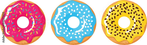 Three colorful donuts with various toppings displayed in a row on transparent background