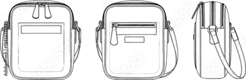 Crossbody shoulder bag technical drawing showing front, back, and side views with zipper details in clean black and white line art illustration.