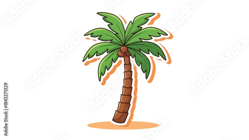 Stylized Cartoon Palm Tree with Coconuts and Green Leaves on a Sandy Base