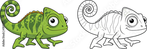 Cute cartoon chameleon illustration featuring colored and outline versions, smiling reptile character for kids coloring, education, and playful wildlife design projects.