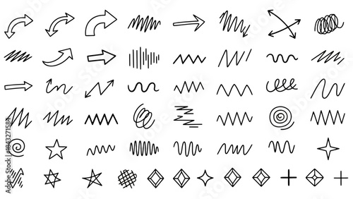 Collection of Hand-Drawn Doodles: Arrows, Wavy Lines, Stars, and Geometric Shapes
