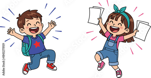 Happy school children celebrating success with papers, smiling boy and girl jumping with joy, education achievement cartoon vector illustration.