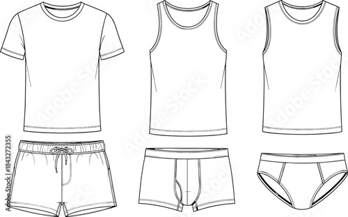 Men underwear technical fashion drawing, t shirt, tank top, shorts and briefs set, apparel outline design, cad drawing flat vector illustration