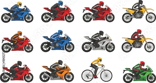 Motorcycle riders in various racing positions, sport bikes, dirt bikes, and cyclist illustration set, cad drawing flat vector illustration