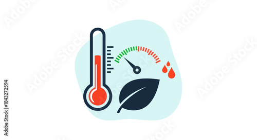 Environmental concept icon with a hot thermometer high humidity gauge and a plant leaf.