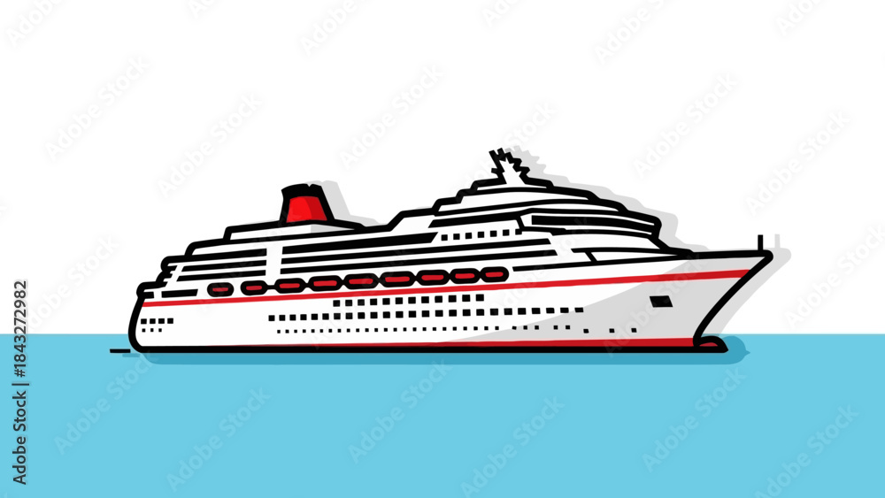 Fototapeta premium Illustration of a cruise ship on the water with a red smokestack.