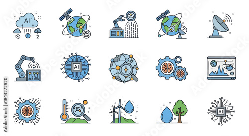 A colorful flat line icon set illustrating concepts of technology AI robotics and environmental science.