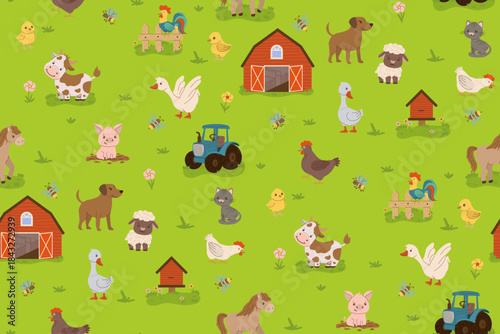 Farm animals and barnyard elements are depicted in this seamless vector illustration. Features include cows, ducks, chickens, a tractor, and barns set against a vibrant green background.