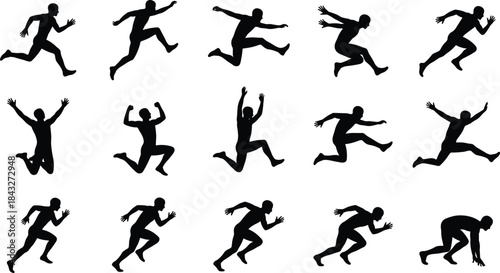 Collection of dynamic running and jumping athlete silhouettes showcasing various action poses, ideal for sports illustrations, fitness designs, motion graphics, and energetic vector artwork.