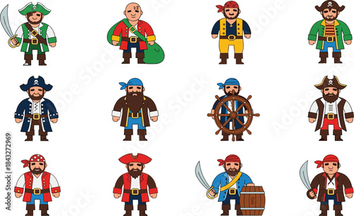Set of cartoon pirate characters with swords, hats, treasure items, steering wheel, and colorful costumes in flat vector illustration for design projects.