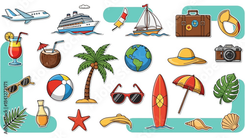 Collection of colorful travel-themed illustrations, including various modes of transport and vacation elements.